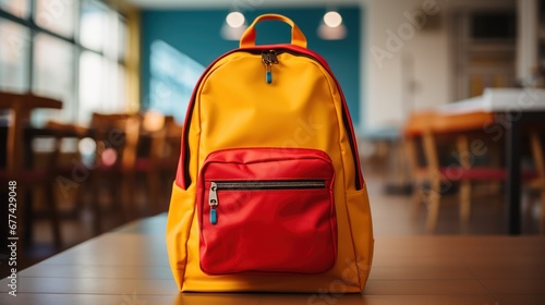Vibrant school backpack sitting in a classroom.