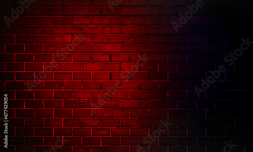 Neon lights on old grunge brick wall room background..Empty space of Red brown vintage grunge brick wall texture background.