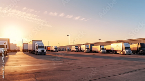 Fleet of trucks parked at parking lot yard of delivery company. Truck transport. Logistic industry. Freight transportation. Commercial truck for delivering goods from warehouse. photo