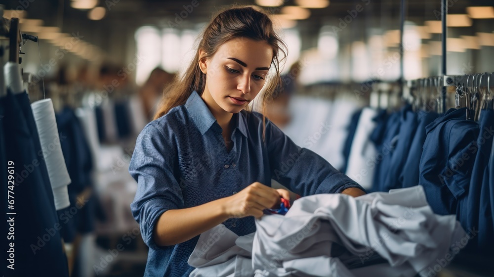 Fototapeta premium A female factory worker is arranging clothes