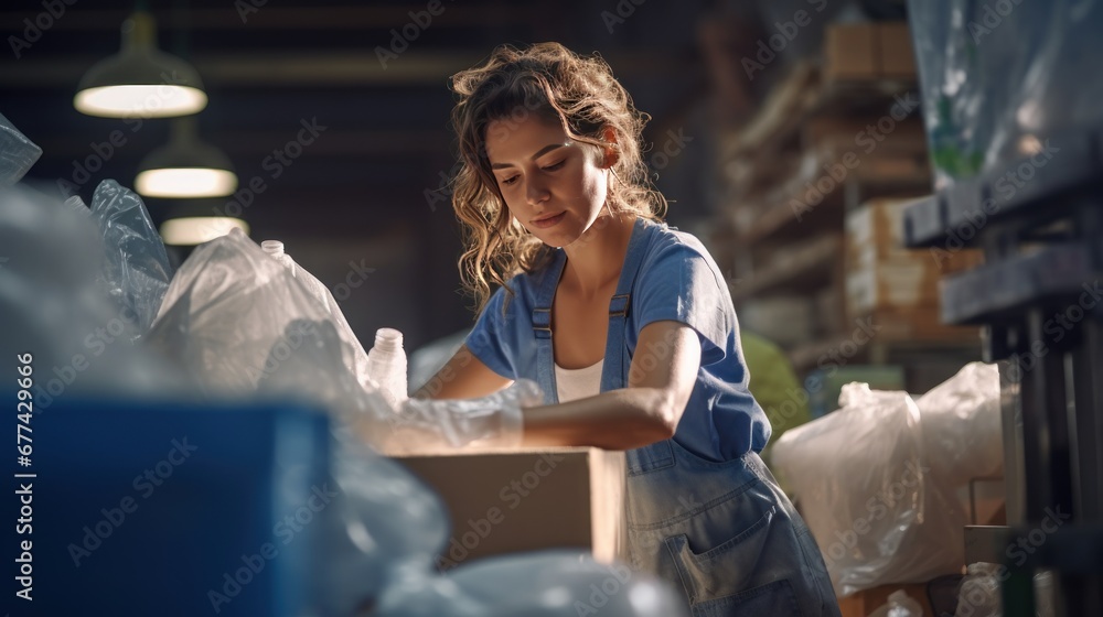 Obraz premium A woman packs frozen food in a packaging factory.