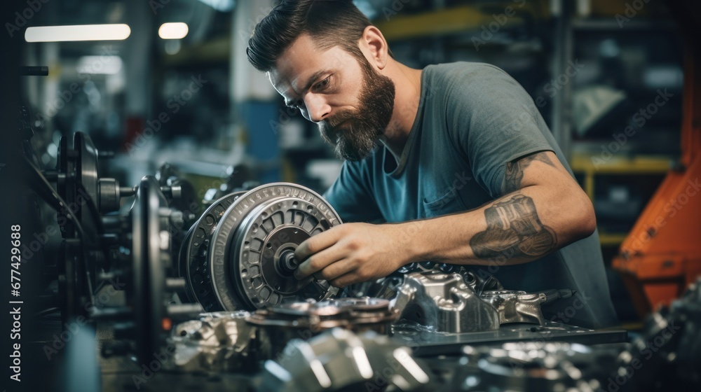 Male factory worker is assembling car parts for car production Male factory worker is assembling car parts for car production