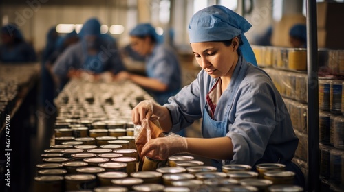 A female factory worker is packing canned food