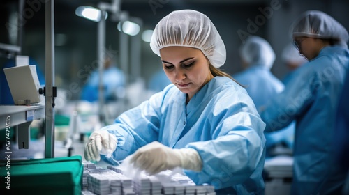 A female factory worker is packing medicine in a packaging factory.