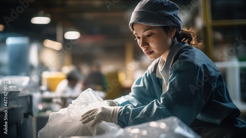 A woman packs frozen food in a packaging factory. photo
