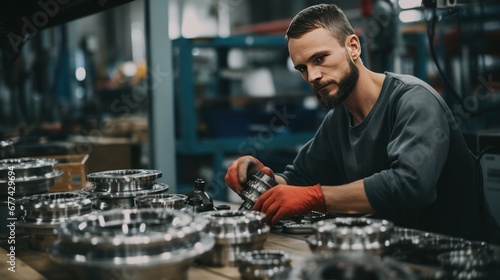 Male factory worker is assembling car parts for car production