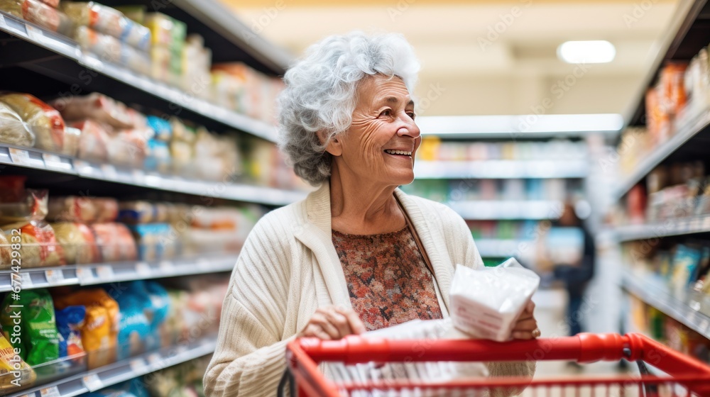 A senior woman is reading ingredient labels on shopping products in a grocery store