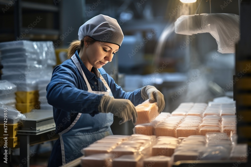 A woman packs frozen food in a packaging factory - obrazy, fototapety, plakaty 