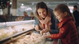 Mother and daughter are buying frozen pasta in the supermarket