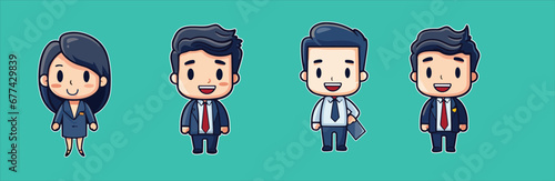 Cute Businesswoman and businessman with formal suit and ok sign Kawaii chibi Character design.
