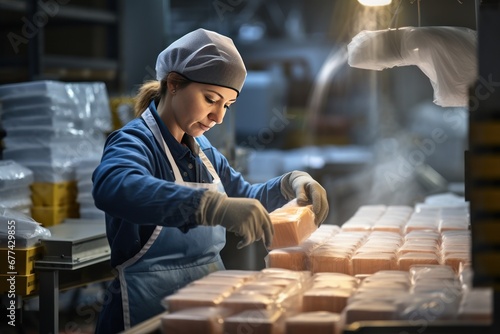 A woman packs frozen food in a packaging factory photo