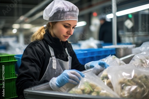 A woman packs frozen food in a packaging factory