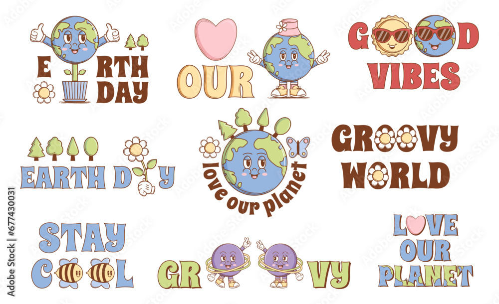 Love our Planet, Earth day, Groovy World, Good Vibes, Stay Cool sticker set in trendy groovy style. Funny vector earth character and mascot. Isolated background. Vector art