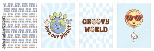 Characters Planet Earth and Sun in retro groovy style. Set of Funky cute posters. Vintage vector