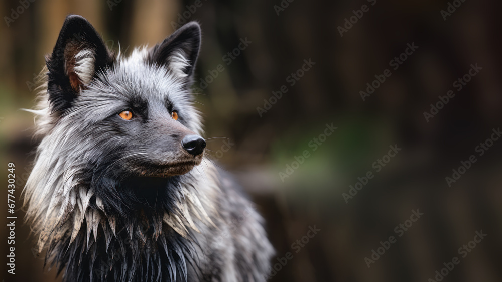 A portrait of a silver black fox in a forest A portrait of a silver black fox in a forest