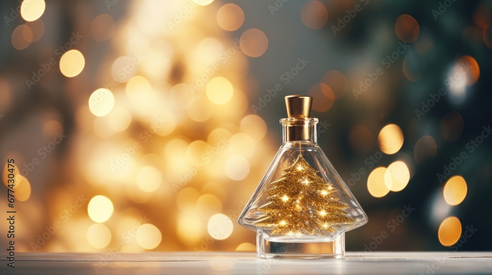 Close-up of an elegant Christmas tree in a glass bottle with bokeh light background Close-up of an elegant Christmas tree in a glass bottle with bokeh light background