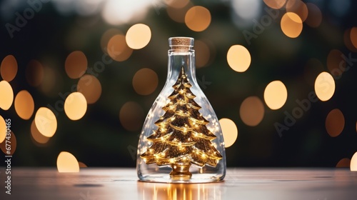 Close-up of an elegant Christmas tree in a glass bottle with bokeh light background