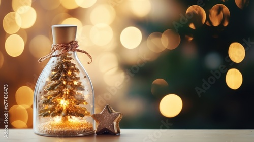 Close-up of an elegant Christmas tree in a glass bottle with bokeh light background