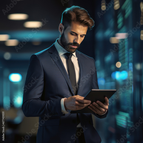 Attractive business man working on tablet . on market financial screen background ,copy space