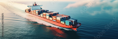 cargo maritime ship with contrail in the ocean ship carrying container and running for export concept photo