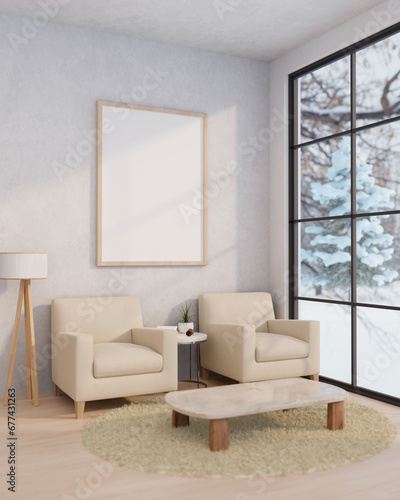 A beautiful, cosy living room with two comfortable armchairs and a window with snow view.