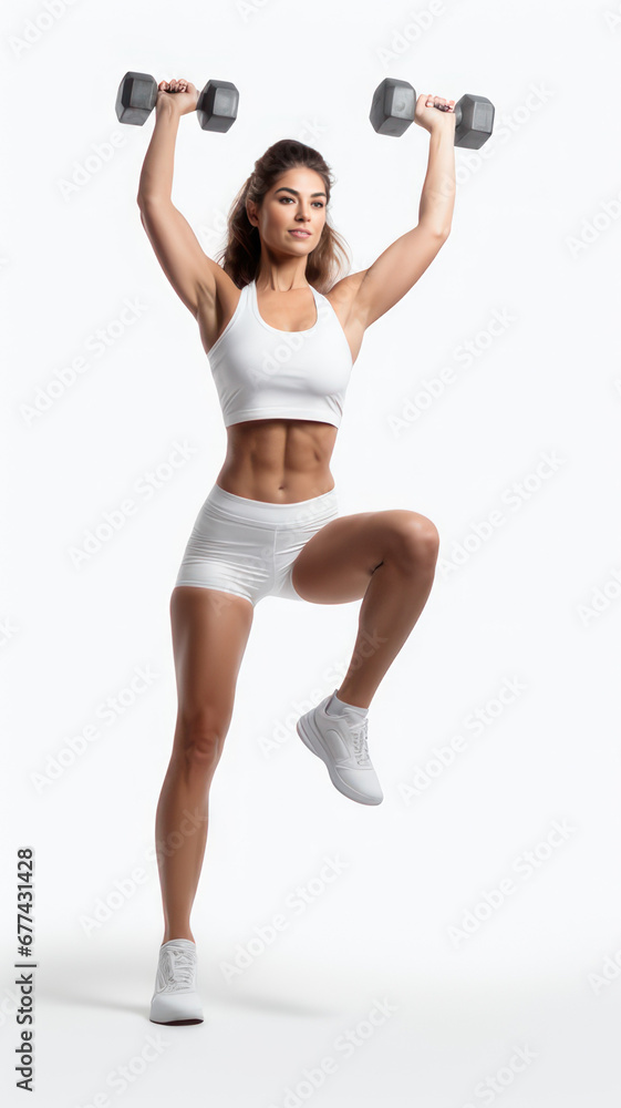 Sporty Woman Mastering Dumbbell Exercises With Exceptional Strength and Unyielding Motivation On A Pure White Background Sporty Woman Mastering Dumbbell Exercises With Exceptional Strength and Unyielding Motivation On A Pure White Background