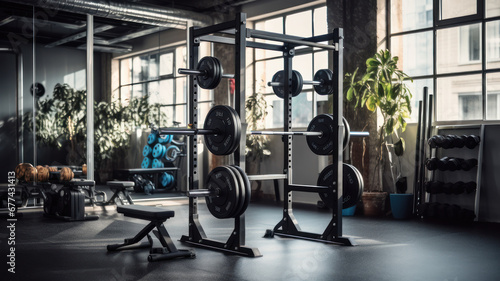 Modern Light-Filled Gym Featuring a Rack with Barbells of Various Weights photo