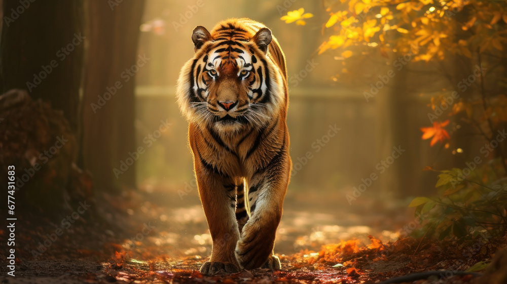 realistic tiger with bushy tail and black ears, walking on a dirt path through a forest with tall trees and colorful leaves, with rays of sunlight and mist creating magical atmosphere - obrazy, fototapety, plakaty 