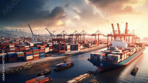 Busy Shipping Port with Containers Ships and Ongoing Global Supply Chain Operations