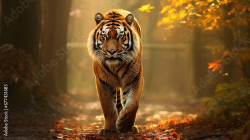 realistic tiger with bushy tail and black ears, walking on a dirt path through a forest with tall trees and colorful leaves, with rays of sunlight and mist creating magical atmosphere photo