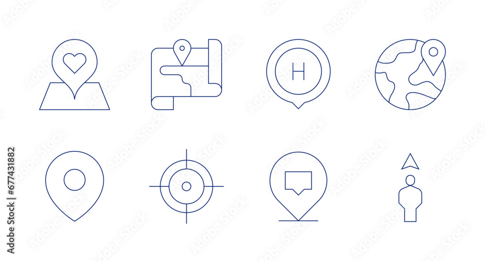 Location icons. Editable stroke. Containing earth, positioning, location, location pin, map pointer, crosshair.