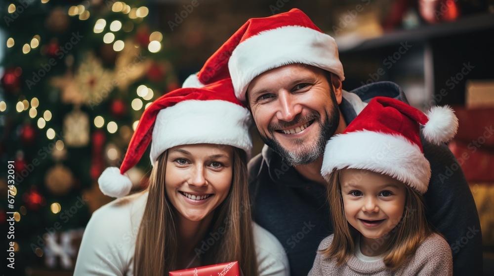 Happy family wearing Santa hats smiling with gifts and Christmas tree Happy family wearing Santa hats smiling with gifts and Christmas tree
