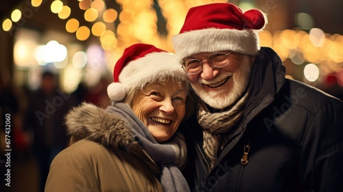 Happy elderly people light up the city during Christmas.