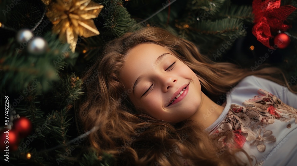 Beautiful young girl smiling, eyes closed, lying under the Christmas tree Beautiful young girl smiling, eyes closed, lying under the Christmas tree