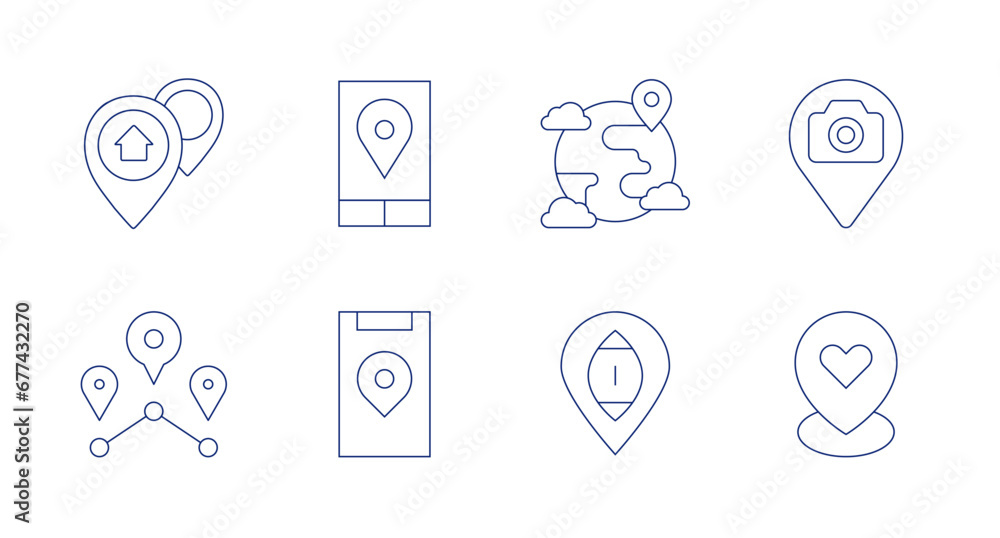 Location icons. Editable stroke. Containing place, location, pointer, pins.