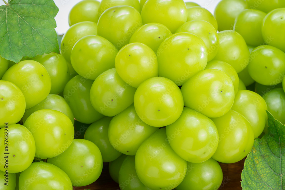 Close up, Green grape  on table , Shine Muscat Grape with leaves on white background.
