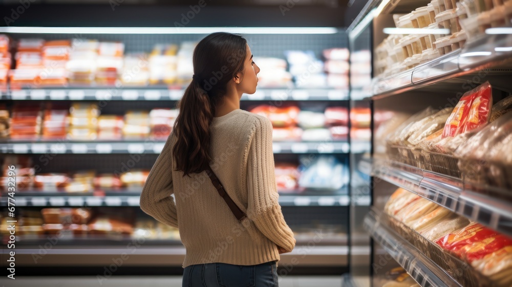 Woman standing and looking at freezer section in supermarket