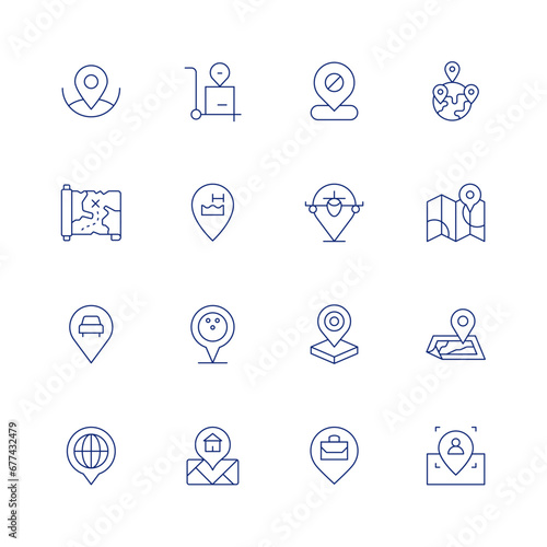 Location line icon set on transparent background with editable stroke. Containing location pin, map, location, placeholder, car, pin.