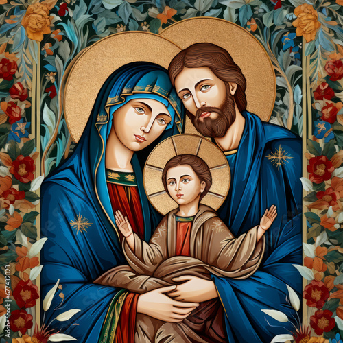 The holy family, Mary, Jesus, and Giuse portrayed in iconographic motifs.