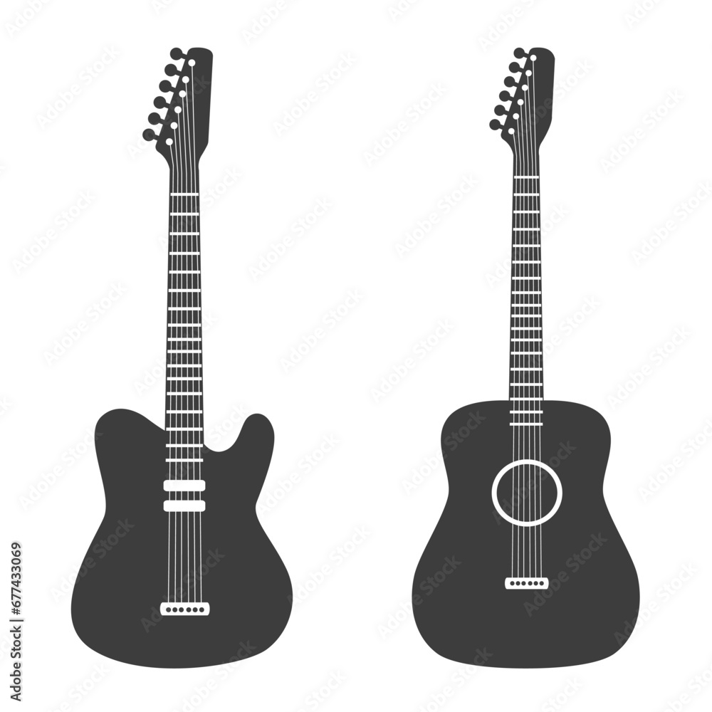 Obraz premium Electric and acoustic guitar set. Vector flat illustration. White background.
