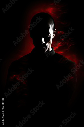 a bald martial artist enveloped in an ominous red aura, suggesting a powerful and intense energy, his face partially cast in shadow to create a dramatic and mysterious effect. photo