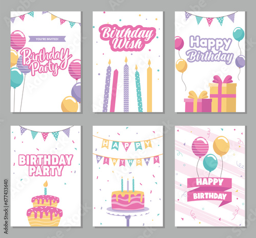 icon set A collection of beautiful happy birthday card designs with the concept of cake, candles, balloons and gifts on a colorful background.