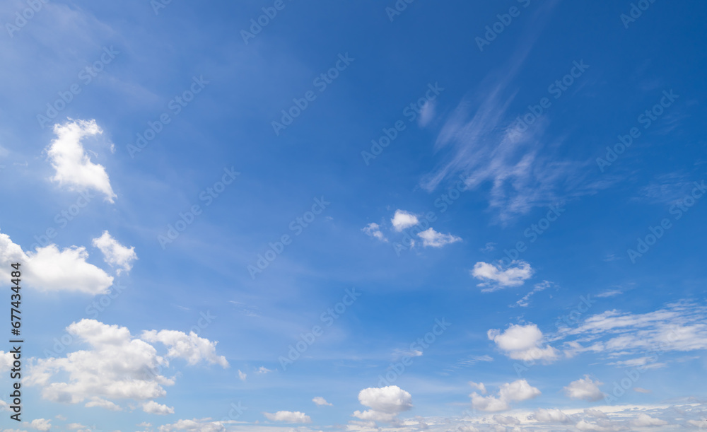 Panoramic view of clear blue sky and clouds, Blue sky background with tiny clouds. White fluffy clouds in the blue sky. Captivating stock photo featuring the mesmerizing beauty of the sky and clouds. Panoramic view of clear blue sky and clouds, Blue sky background with tiny clouds. White fluffy clouds in the blue sky. Captivating stock photo featuring the mesmerizing beauty of the sky and clouds.