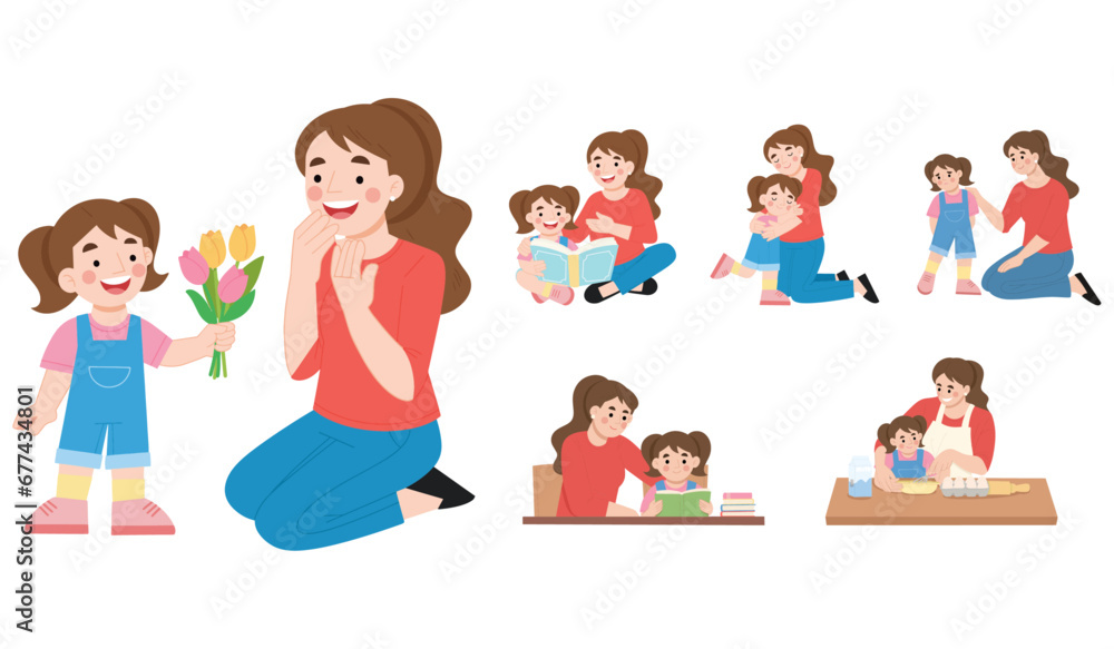 flat design illustration of daughter's day with mother learning and playing flat design illustration of daughter's day with mother learning and playing