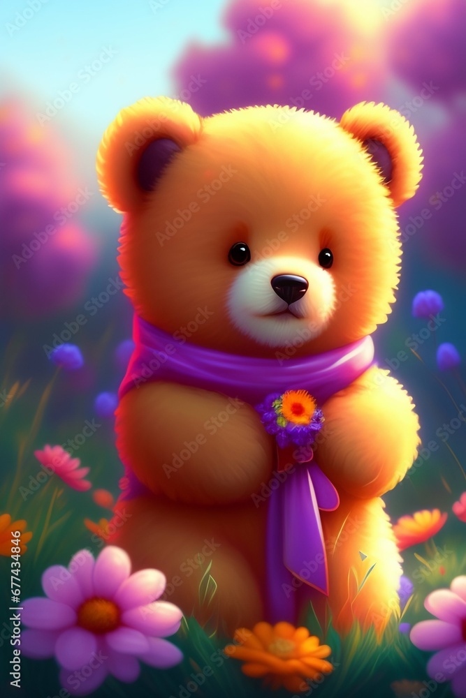 Fototapeta premium teddy bear with flowers, cute teddy bear hugging, 3d cute teddy bear with flowers, A beautiful teddy bear sits in the green grass on the ground, generative AI