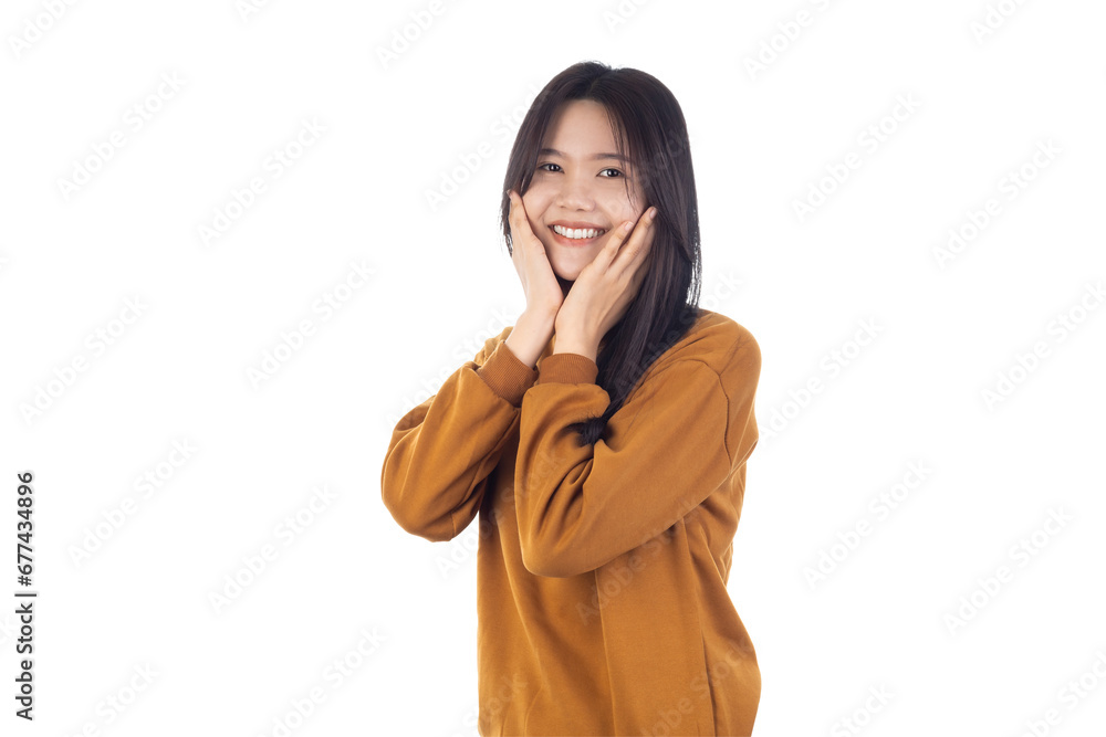 Asian Young woman smiling shyly behind his hands isolated on a white background with clipping path. Asian Young woman smiling shyly behind his hands isolated on a white background with clipping path.