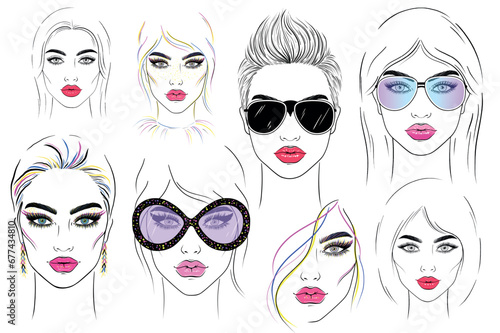 Vector Young woman faces with sunglasses & bandanas in various themes. hand drawing collection V11