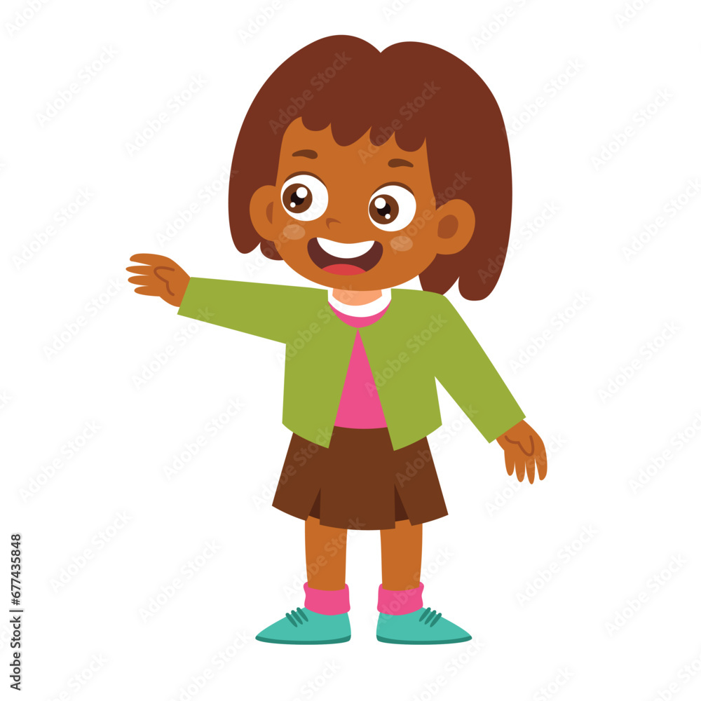 Black Little Kid Talking Explain with Standing Pose Children. Girl Making Conversation to Friend, Communication Discussion Activity Isolated Element Objects. Flat Style Icon Vector Illustration