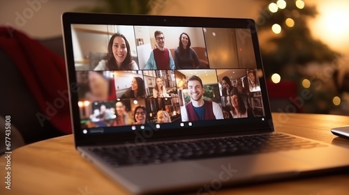 University students meeting at New Year's party, remote video, laptop, webcam, lens