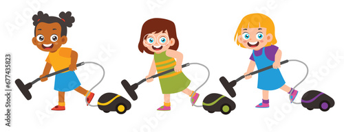 Group of Little Kid Cleaning Up Pose Collection. Children Girls Cleaning using vaccum cleaner, Daily Routine Activity Isolated Element Objects. Flat Style Icon Vector Illustration